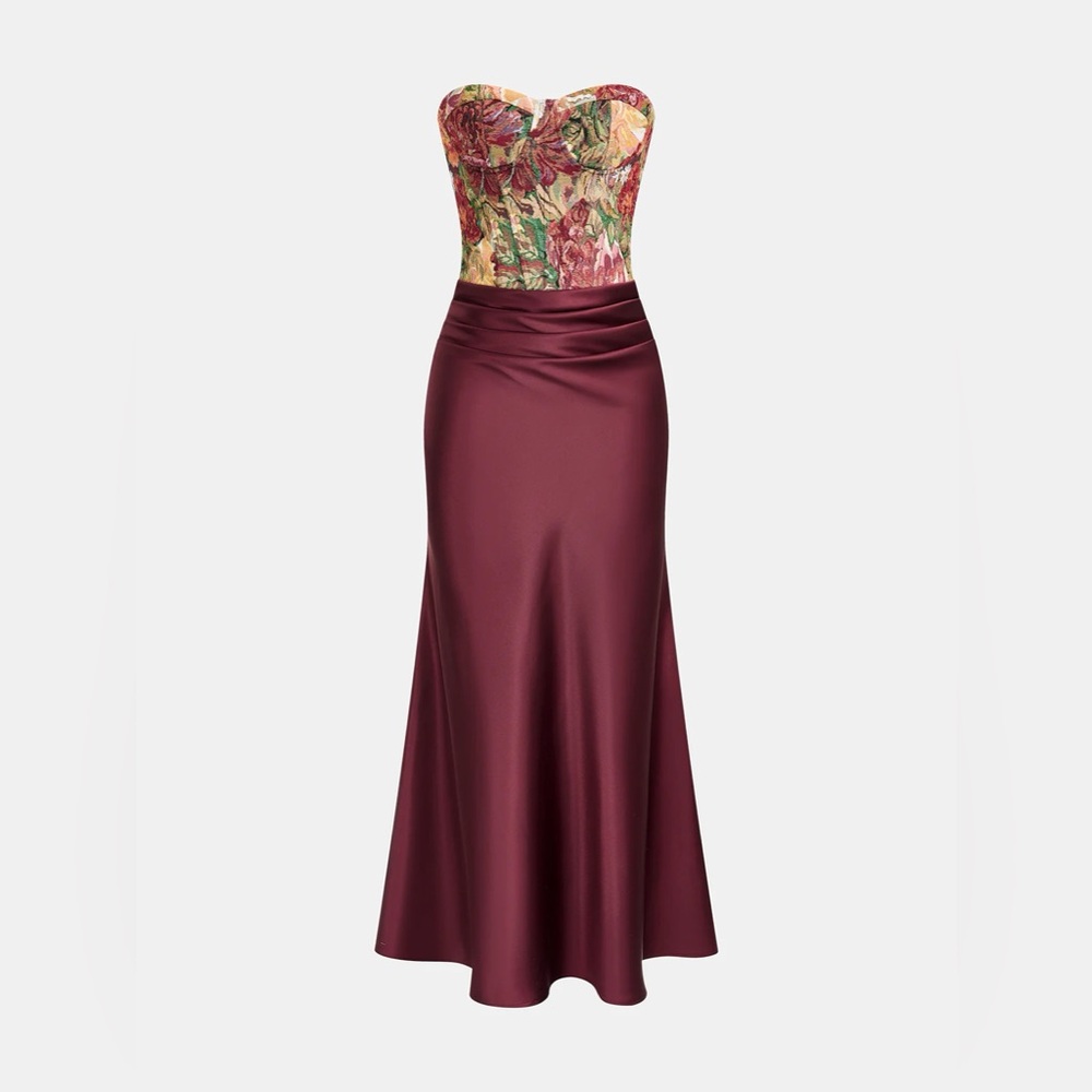 Satin Skirt Floral Corset Maxi Dress - NWT